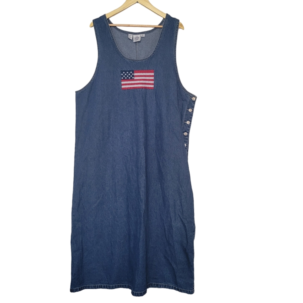 Just My Size Vintage Denim Maxi Patriotic Fourth Of July Dress 1X